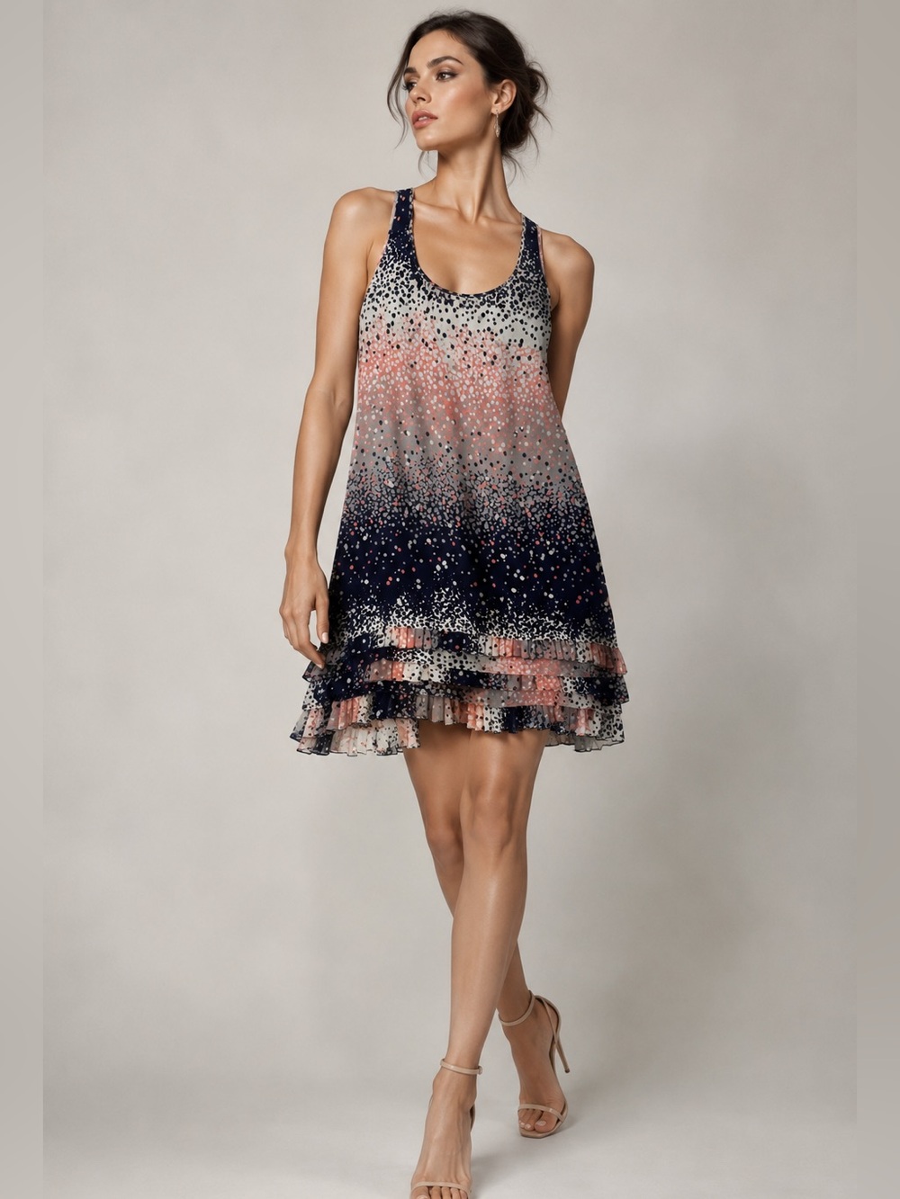 Ted Baker London 100% Silk Polka Dot Racerback Ruffle Hem Tank Dress Size 3